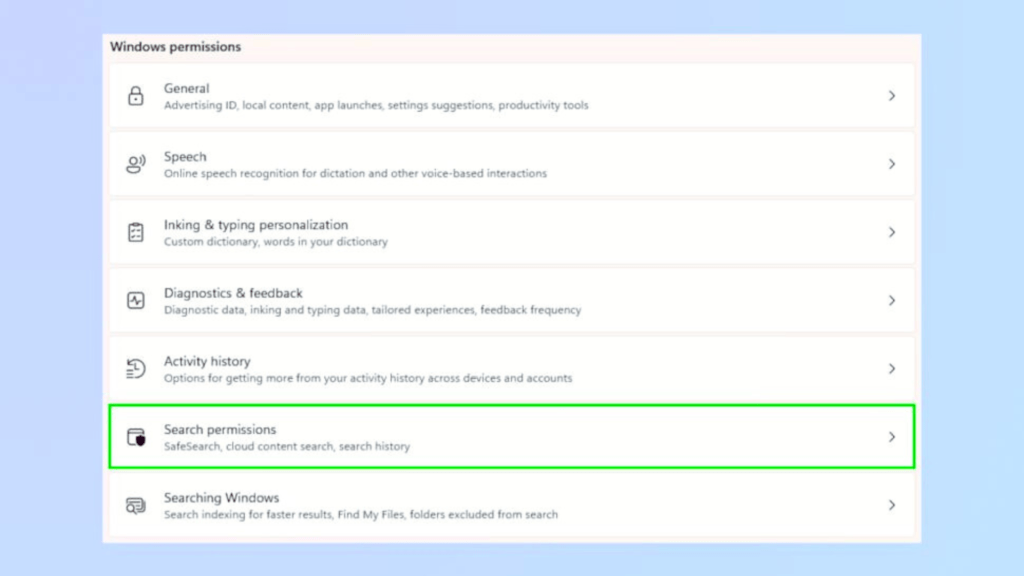 Search permissions window 11