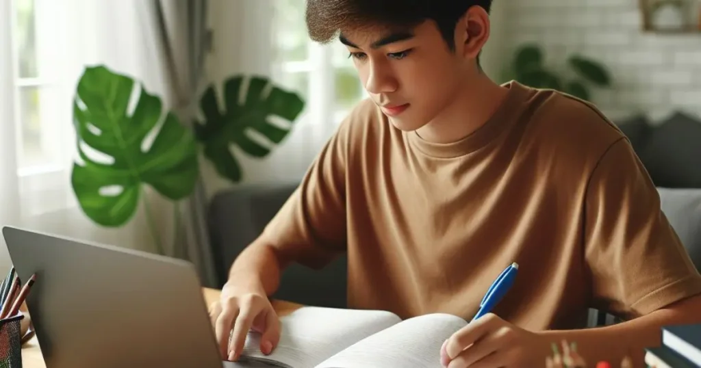 A boy preparing study notes using laptop.